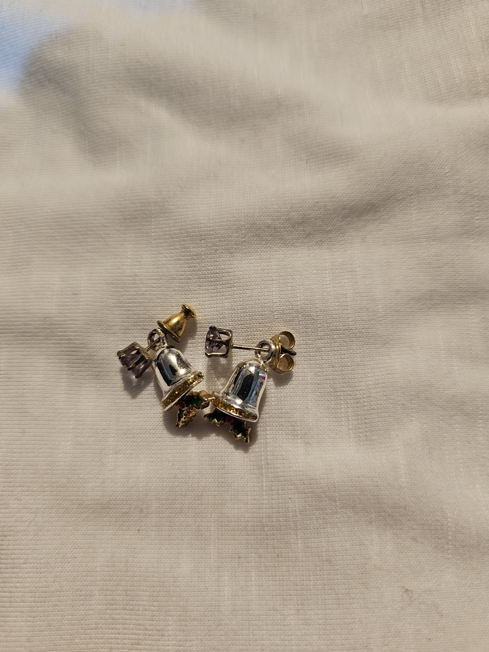 Gold & Silver Bell Stud Earrings with Red Stone Accent - Unbranded
